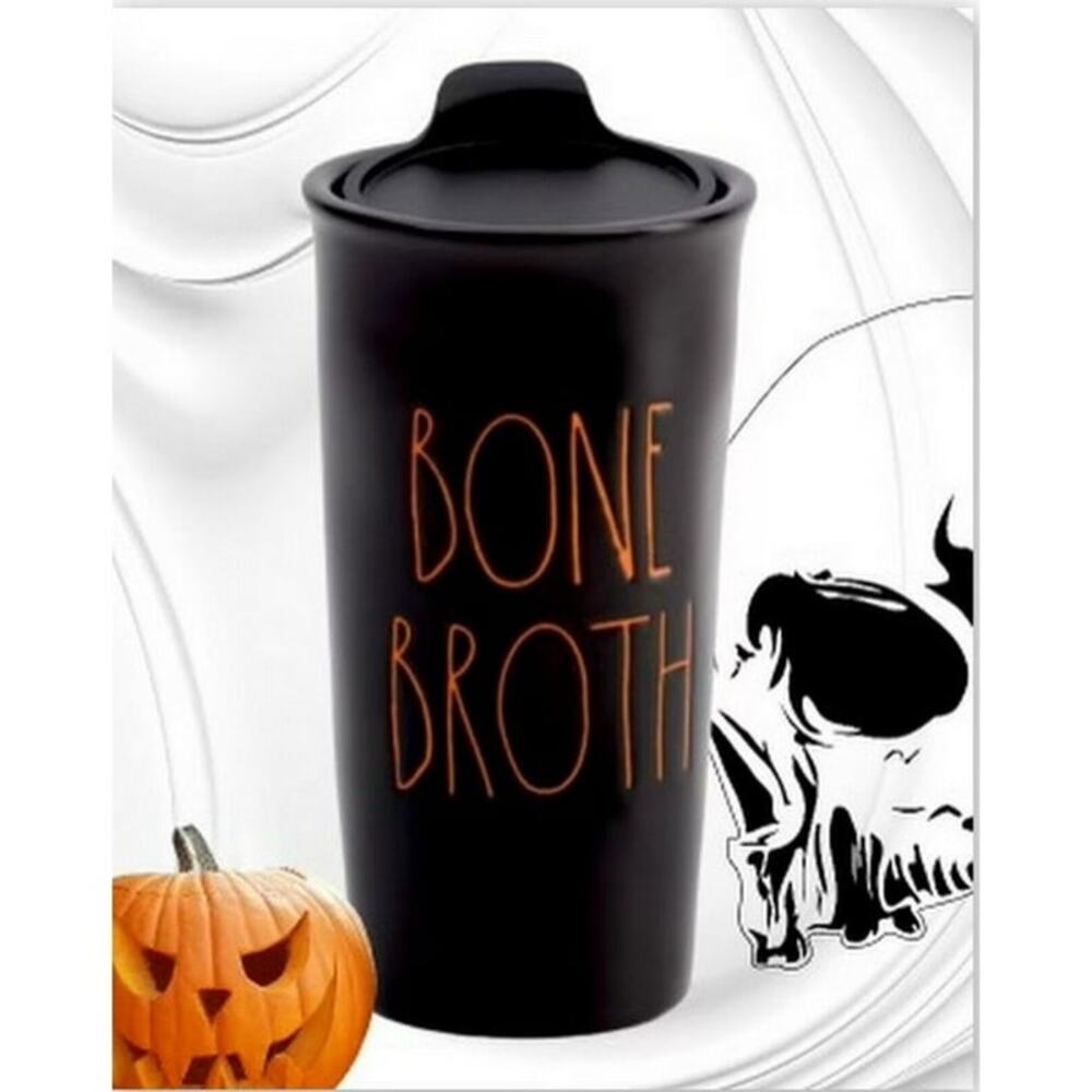 Rae Dunn "Bone Broth" Lidded Coffee Travel Mug Cup Halloween 12oz NEW